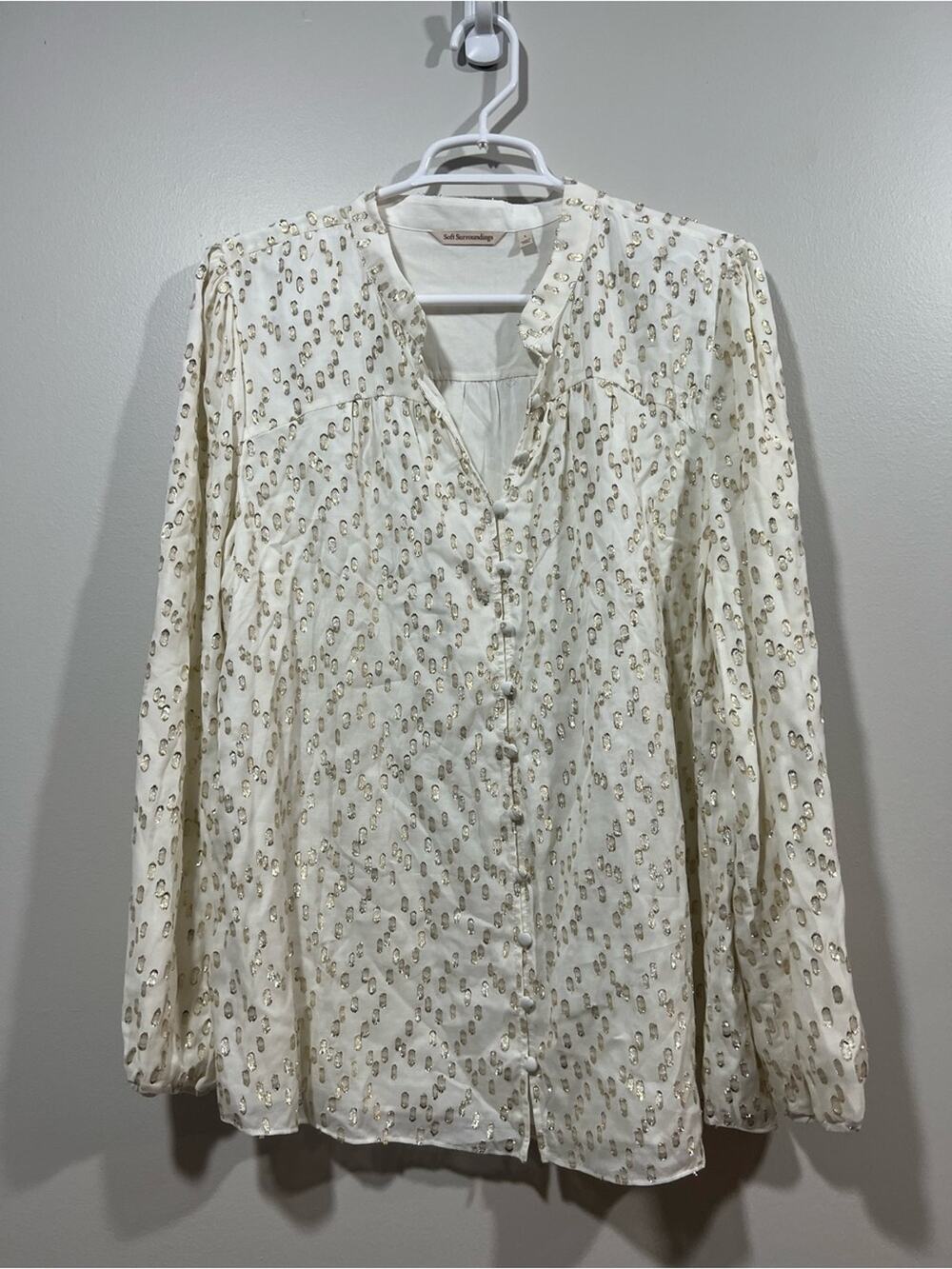 Soft Surroundings Cream Blouse with Gold Metallic Dot Detail Size Large